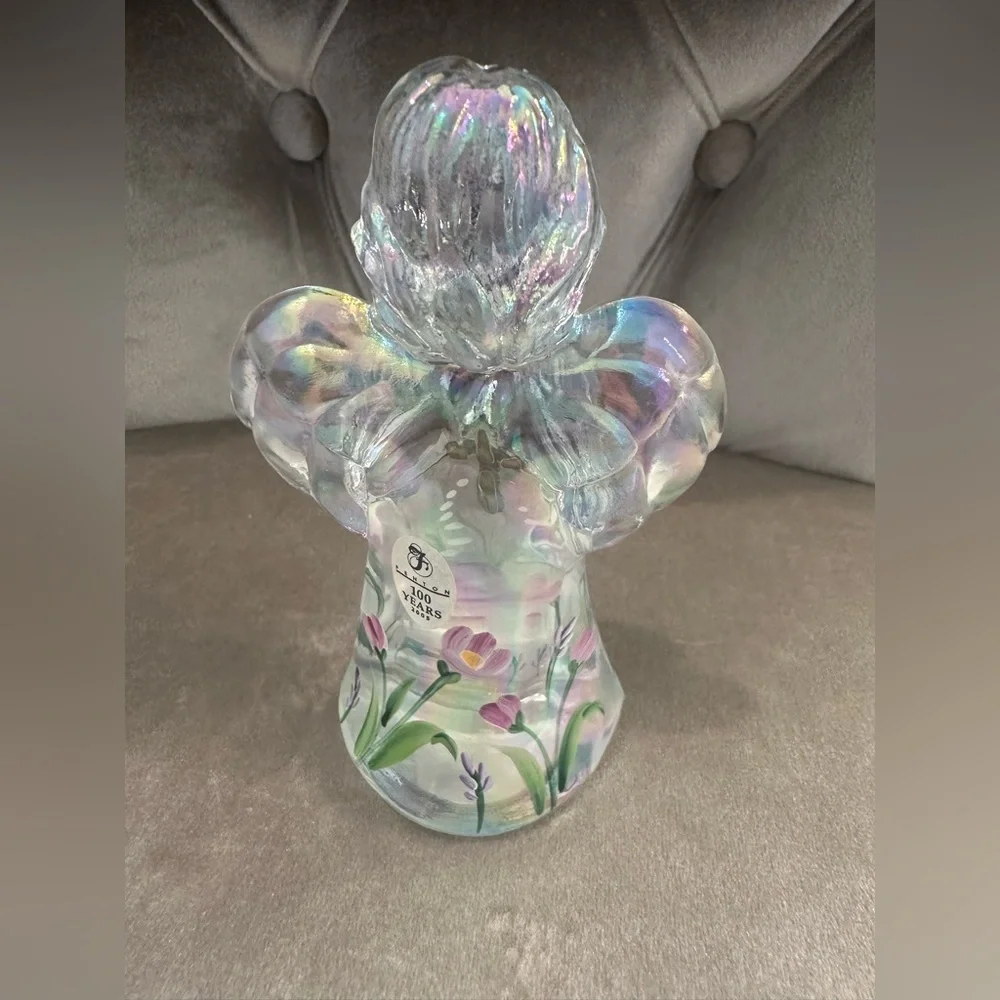 Fenton Angel Iridescent Jewel Cross Hand Painted Flowers 4.75